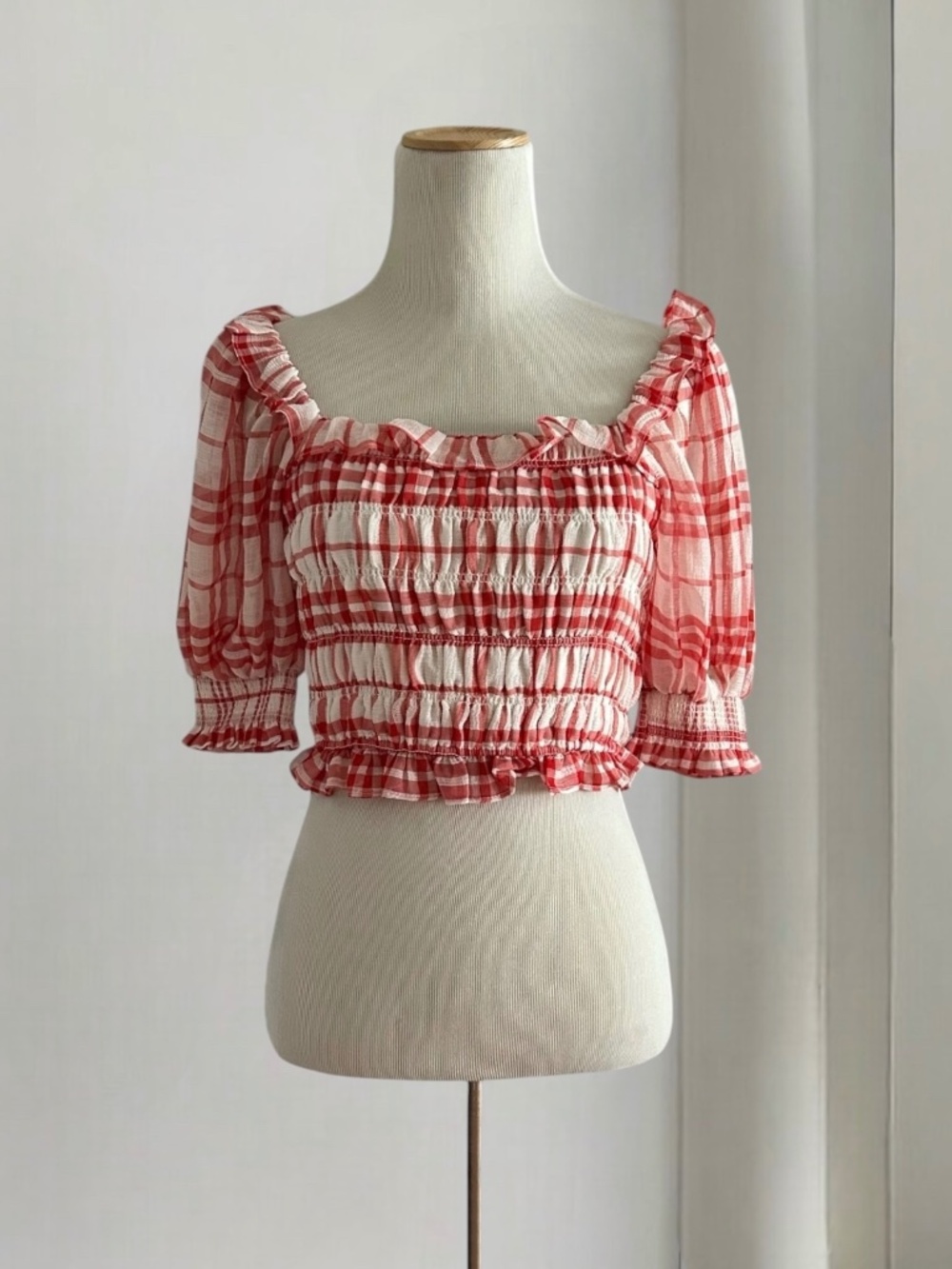 Endless Rose Red & White Gingham Smocked Blouse Size XS NWT